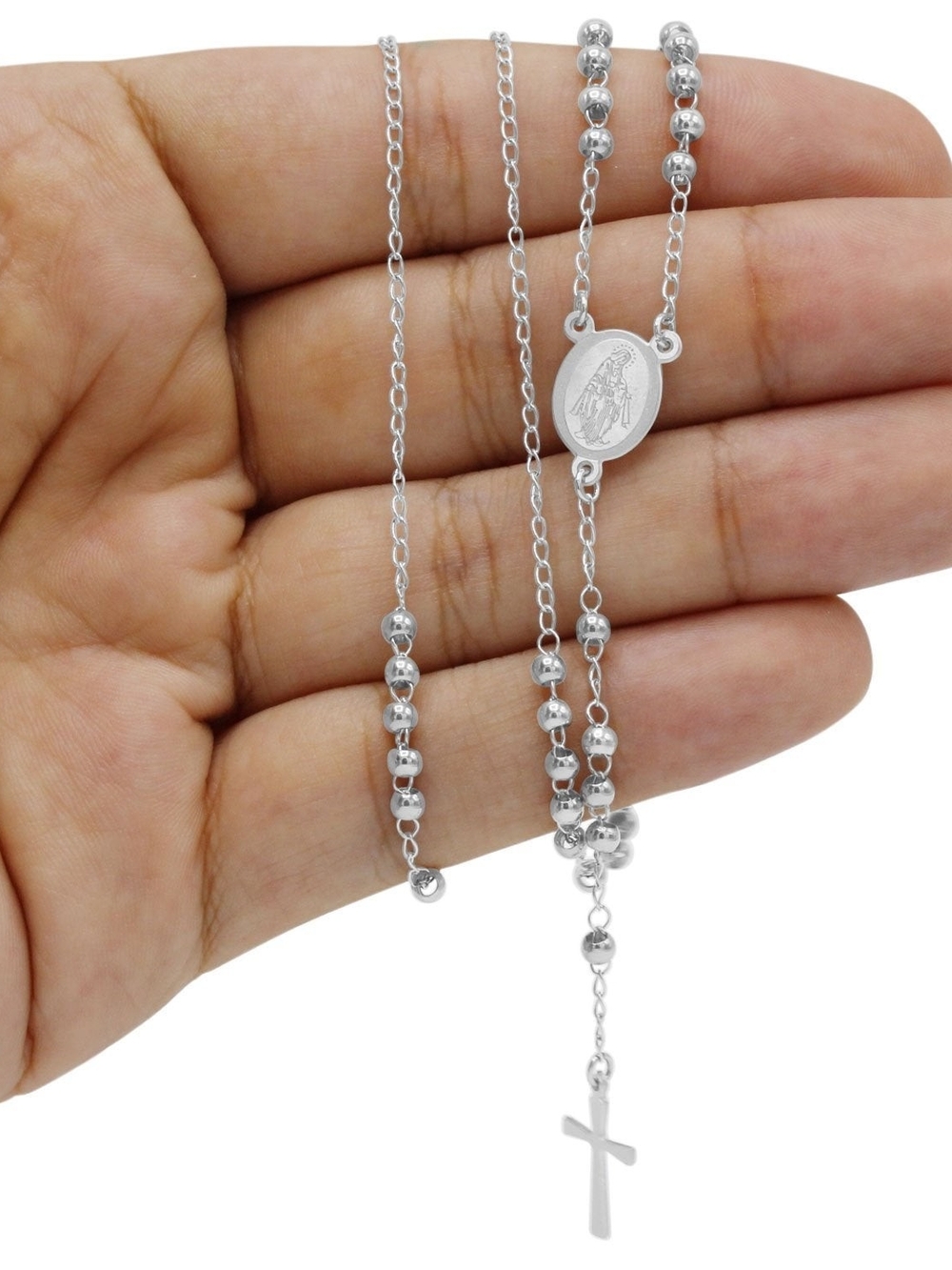 Traditional Stainless Steel Rosary Necklace with Crucifix & Mother Mary Pendant